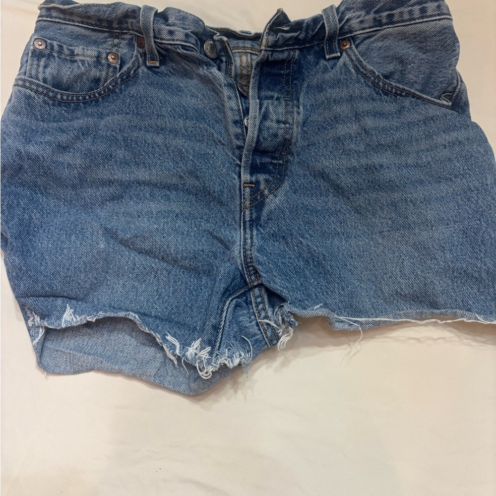 Levis 501 Shorts Womens Waist 29 Blue Distressed Button Fly Stretch
